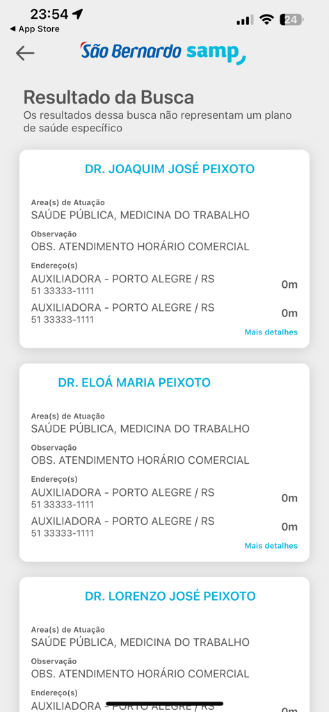 São Bernardo Samp - A list of search results for doctors and specialists within the Sao Bernardo Samp healthcare application