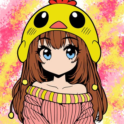 anime girl with chick shaped hat with sweater with bare shoulders with bangs covering them one eye with low tail