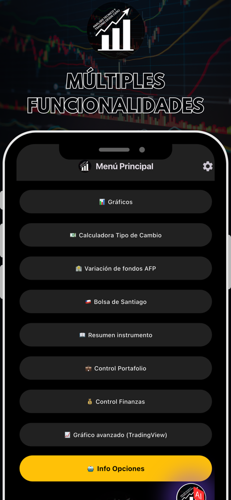 ATdesdecero - Stocks & Options - Main menu of the ATdesdecero app displaying various financial and trading tools in Spanish.