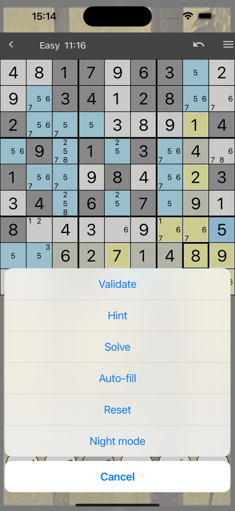 Sudoku Premium - Sudoku Premium gameplay screen showing an overlay menu with game options like Hint and Validate