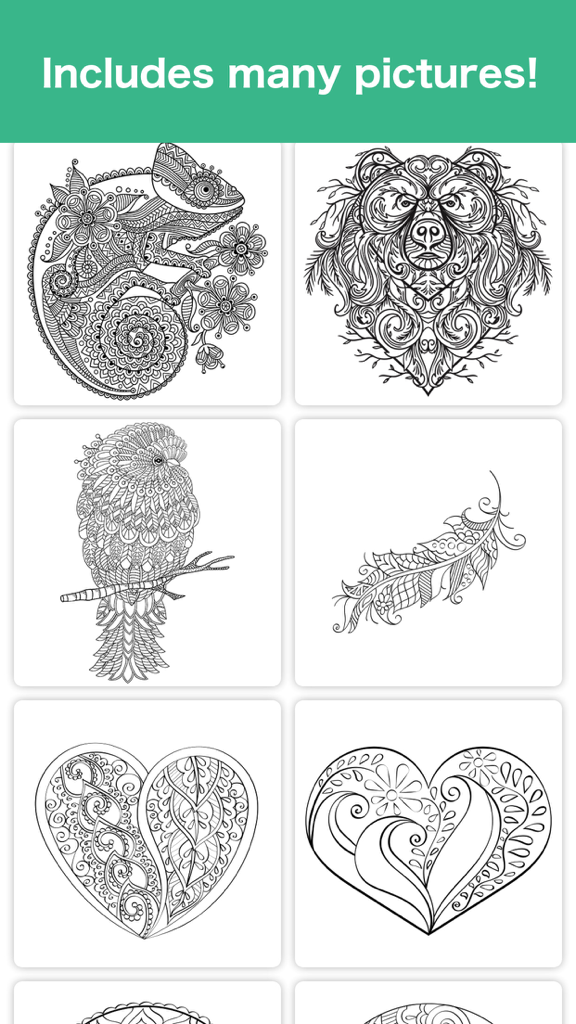 Color Easy: Coloring Book - A library of intricate black and white line art illustrations including a chameleon, bear, bird, and hearts.
