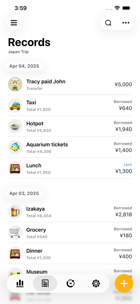 Bill Bear - Schermata dell'app Bill Bear che mostra un elenco di spese condivise per un viaggio in Giappone con importi totali in Yen.