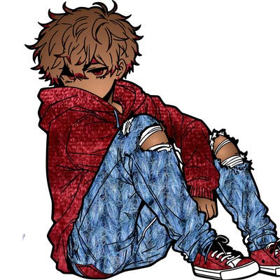 a male hoddie ripped jeans messy hair anime