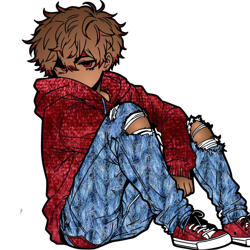 a male hoddie ripped jeans messy hair anime