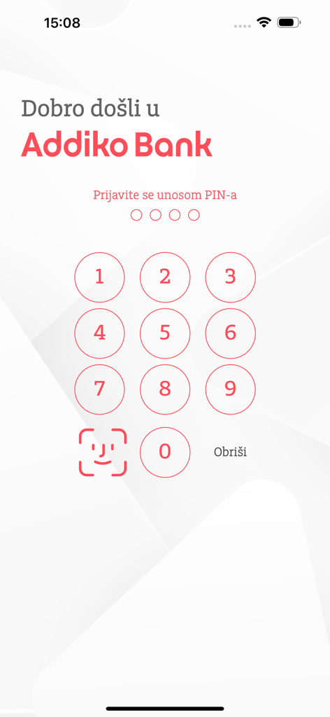 Addiko Mobile Crna Gora - Addiko Bank mobile app login screen with numeric keypad for PIN entry and face recognition icon