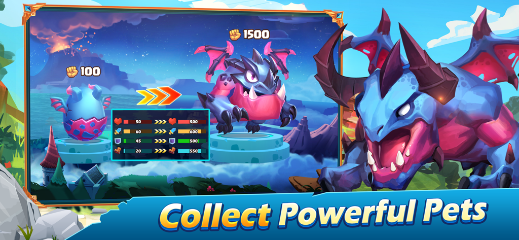 A screenshot of Taptap Heroes showing a blue and pink dragon pet evolving from an egg with improved stats