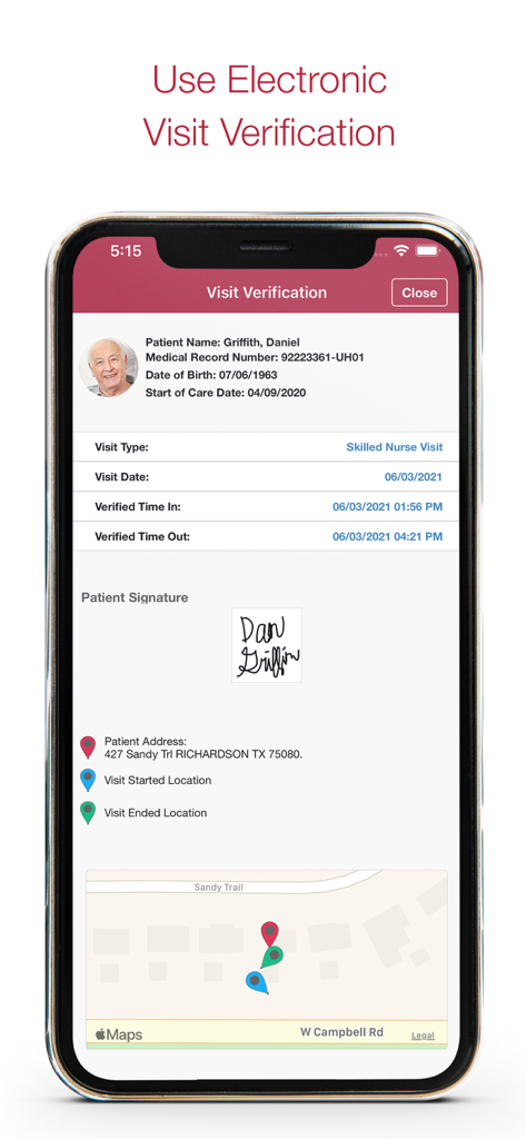 Axxess Home Health - Axxess Home Health app interface for electronic visit verification showing patient signature and GPS map