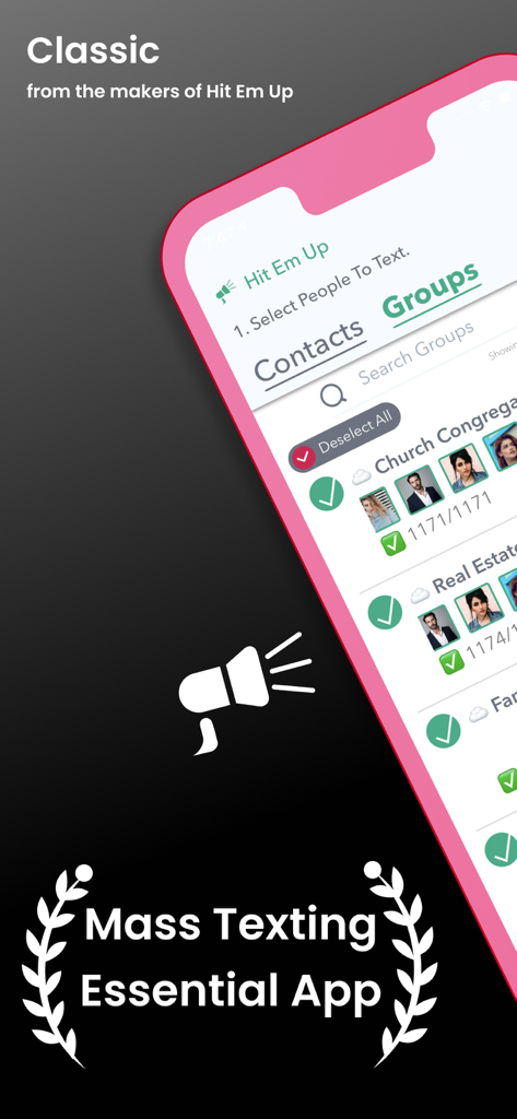 Classic: Mass Text Bulk SMS - Classic App-Bildschirm, der Kontaktgruppen für personalisierte Bulk-SMS und Massen-SMS anzeigt.