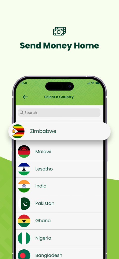 Mama Money - Send Money Home - Mama Money app interface showing a list of countries to send money home