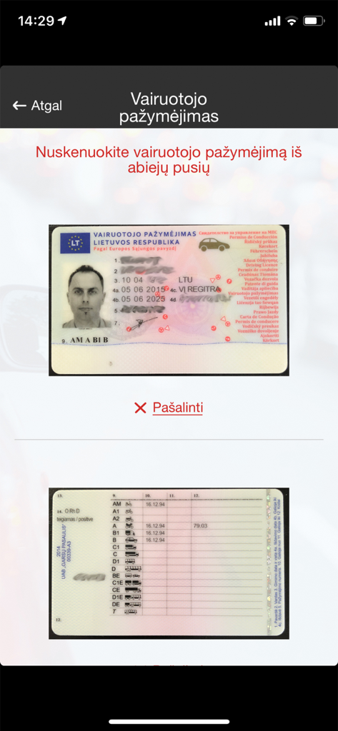 AUTOCOM GOアプリの運転免許証確認画面