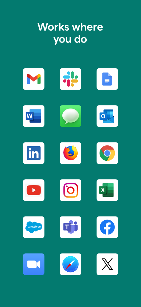 Grille d'icônes d'applications populaires montrant la compatibilité de Grammarly sur des plateformes comme Gmail, Slack et LinkedIn