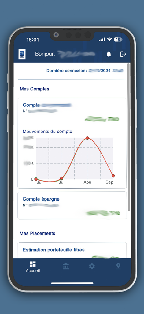 BT Mobile - Dashboard of the BT Mobile banking app showing account balances and a graph of monthly movements.