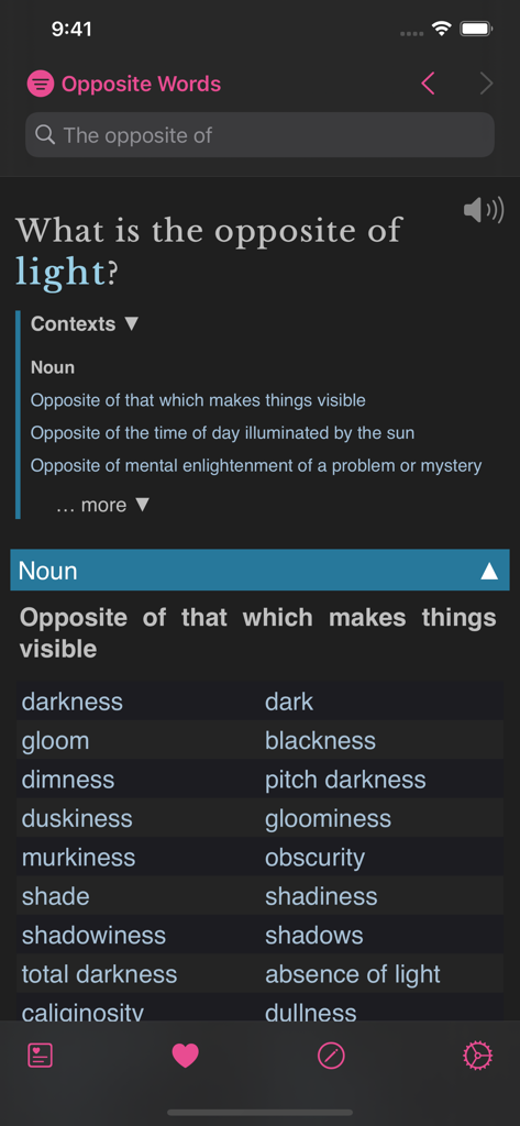 Word Hippo app interface showing antonyms for the word light in dark mode
