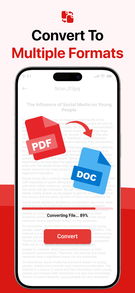 Scanova: PDF Scanner App - Interfaz de la aplicación móvil Scanova mostrando el proceso de conversión de archivos de PDF a DOC
