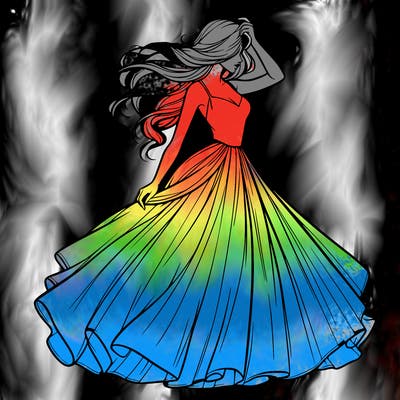 realistic woman with dress flowing in the wind