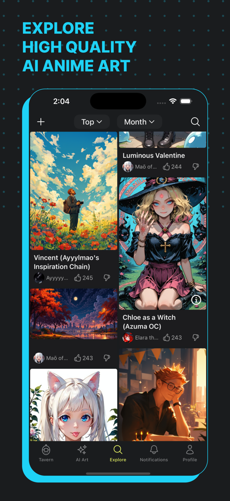 Moescape - Character AI & Art - Mobile app interface of Moescape showing a gallery of high-quality AI-generated anime characters and scenery in the explore section.