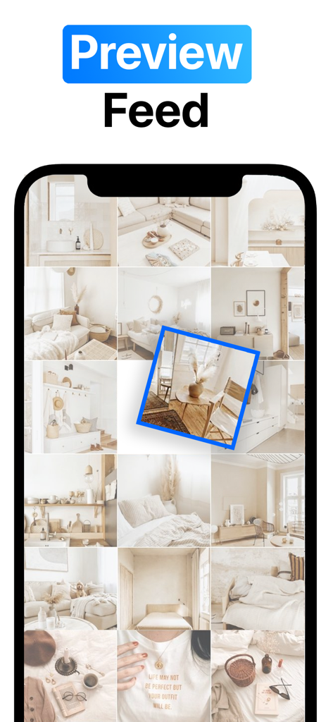 Feed Planner: Preview Posts - A smartphone screen showing a curated beige aesthetic social media grid being rearranged in the Feed Planner app