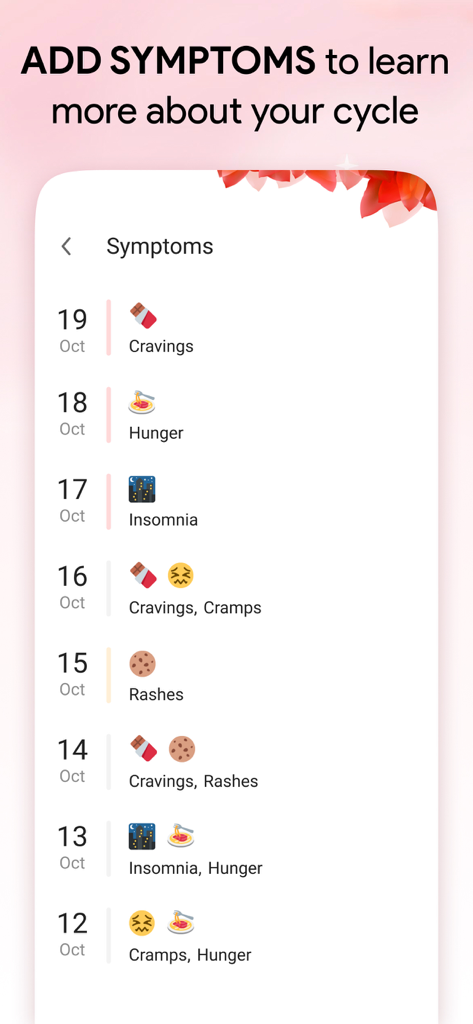 Cycle Tracker: Period Calendar - Mobile app interface showing a chronological list of logged cycle symptoms including cravings hunger and insomnia