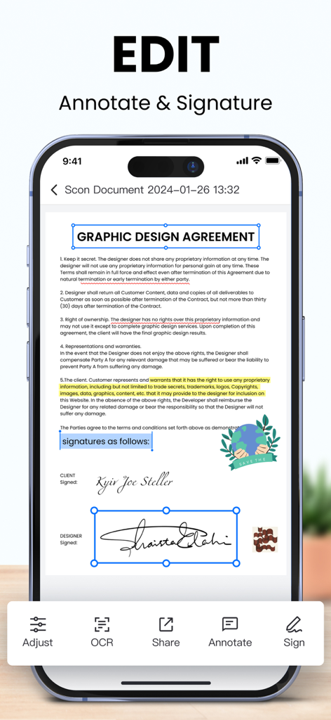 LightPDF Scanner app interface showing digital signature and annotation tools on a graphic design agreement