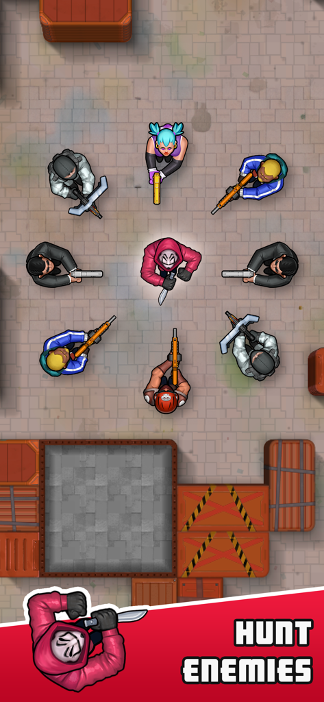 Hunter Assassin - Draufsicht eines Kapuzen-Attentäters, umgeben von bewaffneten Feinden in einer Action-Gameplay-Szene