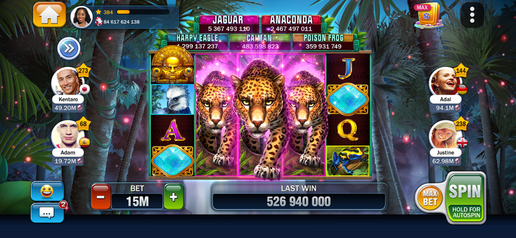 Gameplay des machines à sous Huuuge Casino présentant une machine à sous jaguar sur le thème de la jungle et un gros gain de jackpot
