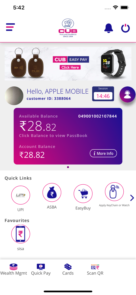 CUB MOBILE BANKING PLUS - CUB Mobile Banking Plus app home screen displaying account balance in Indian Rupees and quick links for financial services
