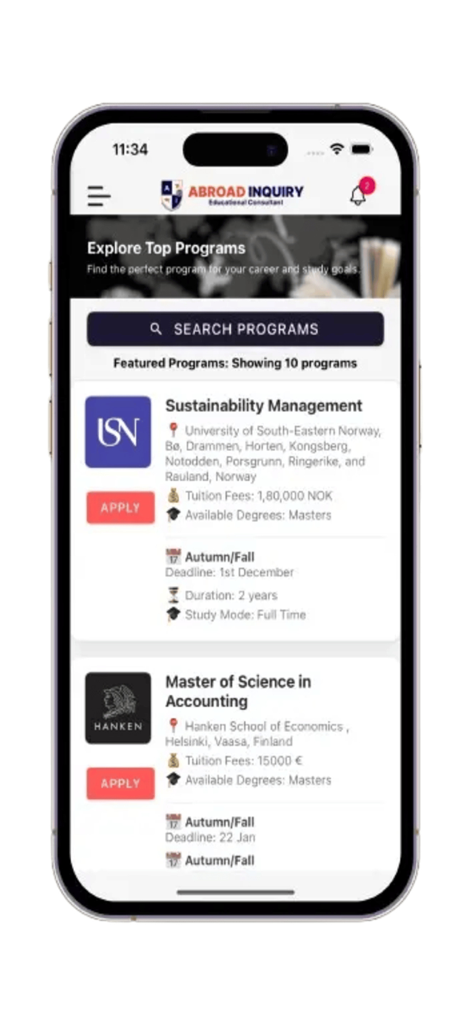 Abroad Inquiry - A screenshot of the Abroad Inquiry app displaying a list of featured international master's degree programs with details on tuition and deadlines.