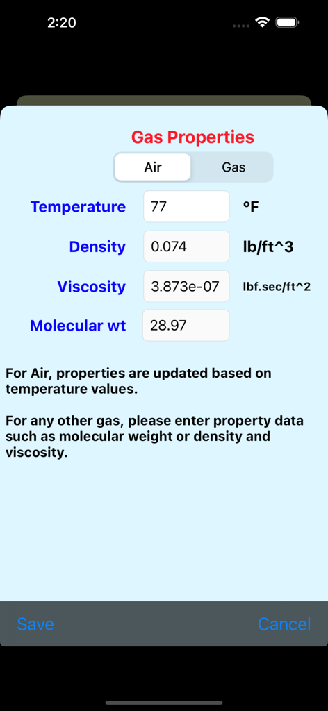 Fan Spec Performance - Gas properties input screen in the Fan Spec Performance app showing temperature density and viscosity settings for HVAC engineering