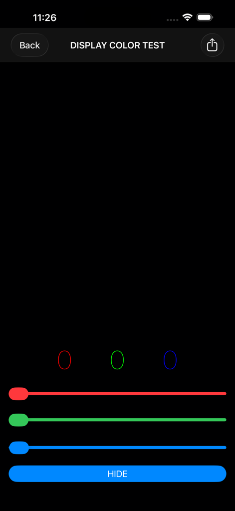 RGB Test app screen showing red green and blue sliders for display color testing on a black background