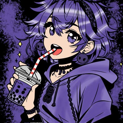 hot baddie anime girl drinking boba and biting the straw