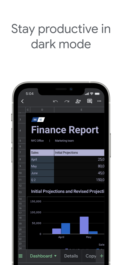 Google Sheets mobile app interface showing a financial report with a bar chart in dark mode.