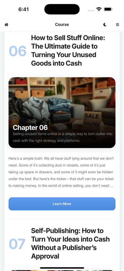 Interfaz de la aplicación móvil mostrando una guía para vender artículos no deseados online y ganar dinero.