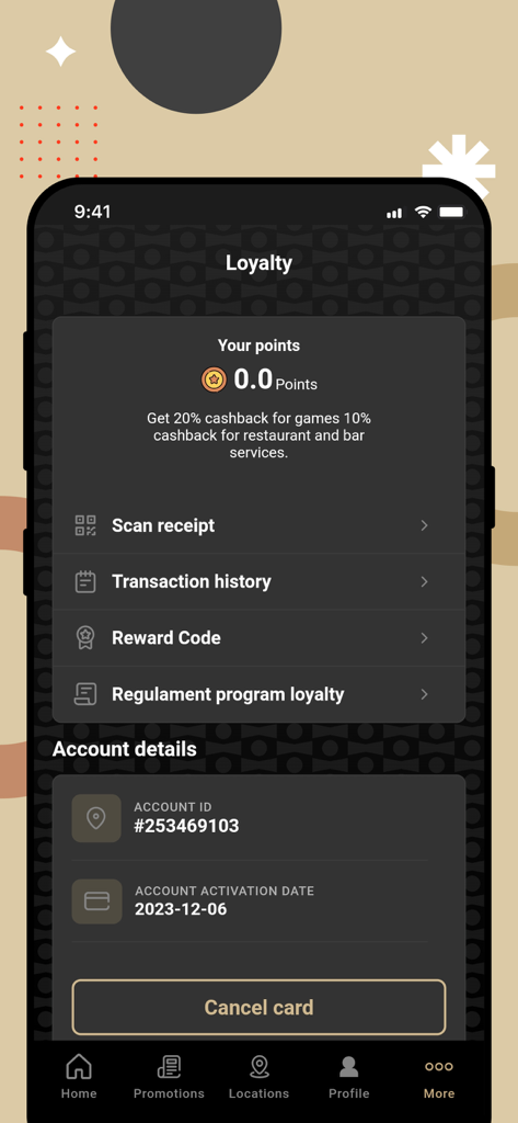 TRICKSHOT Restaurants App Treue-Dashboard mit Punktestand und Cashback-Belohnungen für Spiele und Speisen.