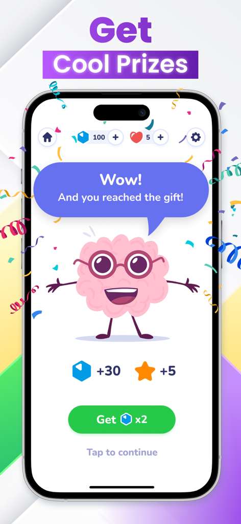 Word Connect - Top Association - Word Connect app screenshot showing a reward screen with a smiling brain character and confetti