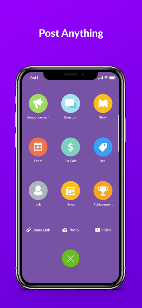 HootBoard - HootBoardモバイルアプリのインターフェース。お知らせ、イベント、求人などのさまざまな投稿オプションが表示されています。