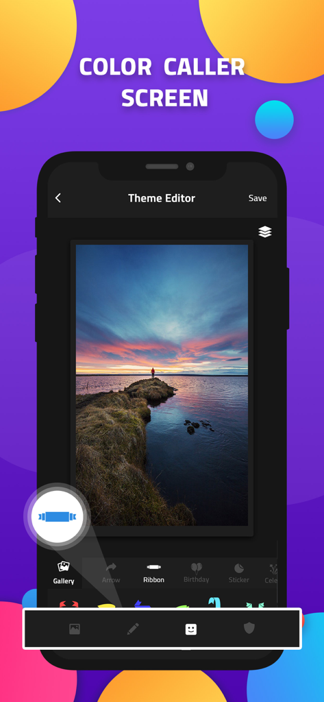 Interface of the Color Phone app theme editor showing a scenic sunset photo and various customization tools like stickers and ribbons