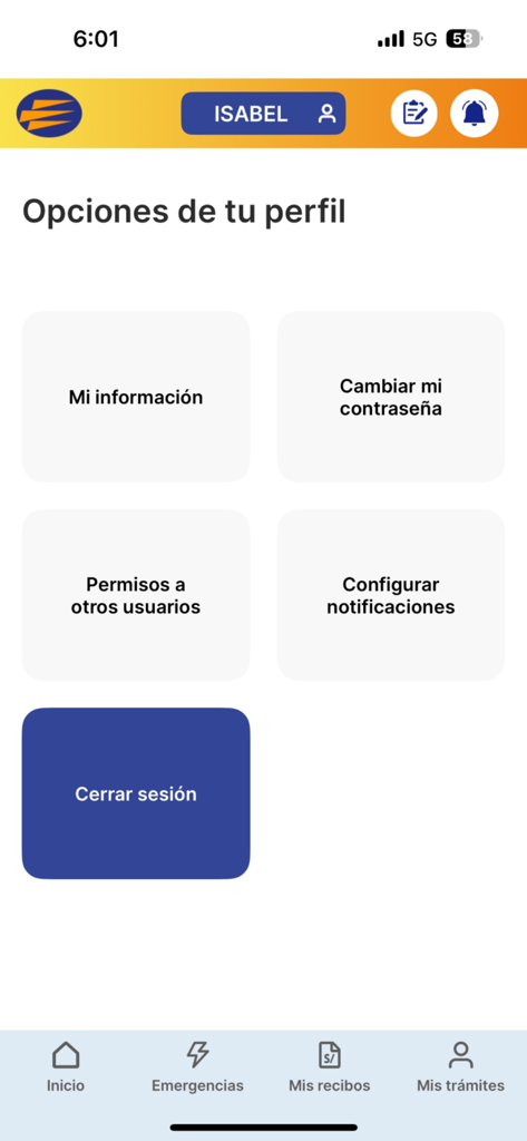 Luz del Sur - Pantalla de opciones de perfil de la aplicación Luz del Sur que presenta información de la cuenta y ajustes de notificación