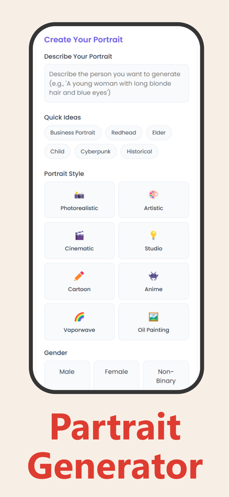 A tela do gerador de retratos do aplicativo Hedra AI com opções de seleção de estilo e gênero