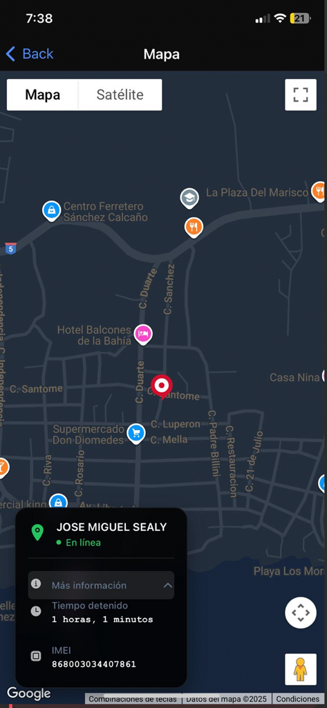 Montao GPS - A map interface in the Montao GPS app showing a vehicle location with real-time status and stop time information.