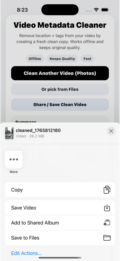 Screenshot of the Video Metadata Cleaner app showing the share menu for a privacy-cleaned video.