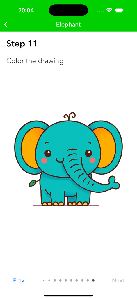 Draw: Step-by-Step Art Guide - Un tutorial de dibujo paso a paso de un lindo elefante de caricatura mostrando la etapa de coloración.