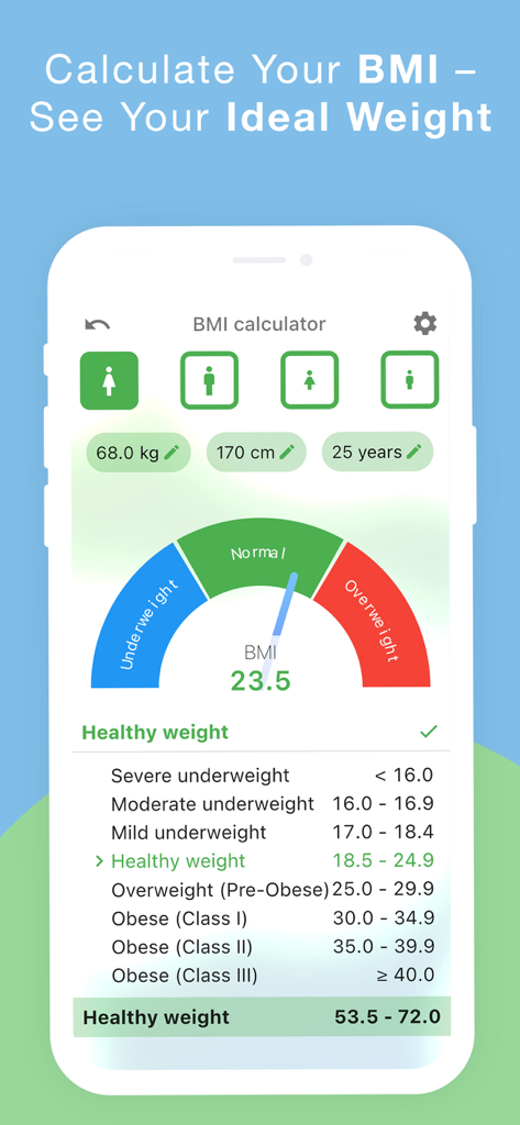 Interface de aplicativo móvel de calculadora de IMC mostrando uma classificação de peso saudável com um IMC de 23,5 e padrões da OMS