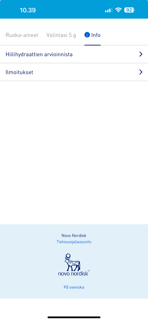Information and settings screen of the Mobile Carbohydrate Manual app showing Novo Nordisk branding