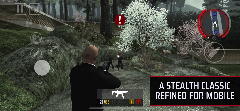 Hitman: Blood Money — Reprisal - Agent 47 aiming a submachine gun at guards in Hitman Blood Money Reprisal mobile gameplay