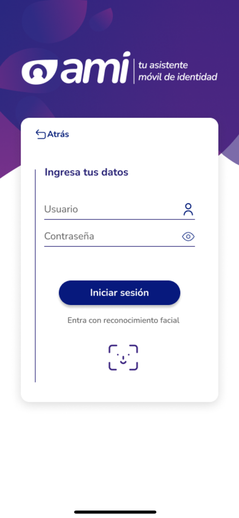 Pantalla de inicio de sesión para la aplicación asistente de identidad Ami Ven mostrando los campos de entrada de nombre de usuario y contraseña
