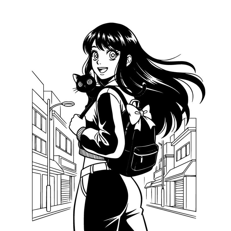 a girl that likes pink and black and has log hair