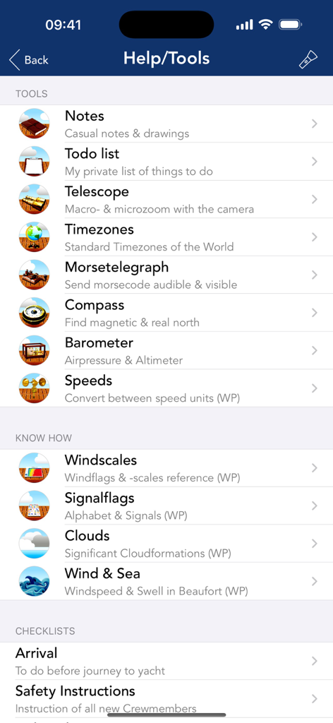 Sea Weather Professional - Help and tools menu of the Sea Weather Professional app showing various nautical tools, reference guides and checklists.