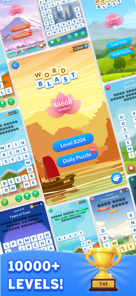 Word Blast: Search Puzzle Game - 다양한 레벨과 고요한 자연 테마를 특징으로 하는 Word Blast 검색 퍼즐 게임 화면 콜라주