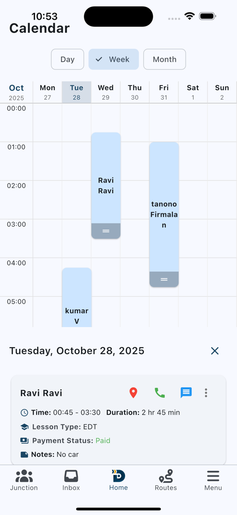 DriveSphere - DriveSphere app screen showing a weekly calendar with scheduled driving lessons and booking details