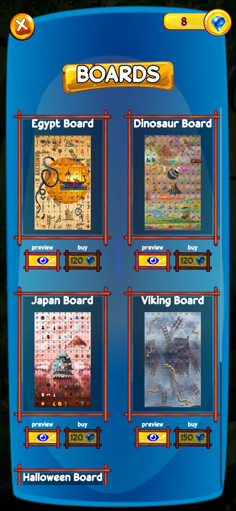 Snakes & Ladders Offline - Menú del juego que muestra varios tableros temáticos como Egipto, Dinosaurio, Japón y Vikingo para Serpientes y Escaleras Sin Conexión